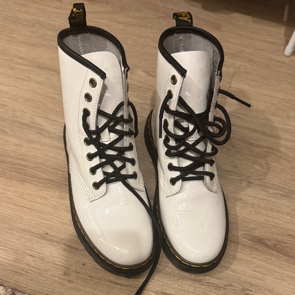 Dr. Martens White Patent Lace-Up Combat Boots with Black Trim